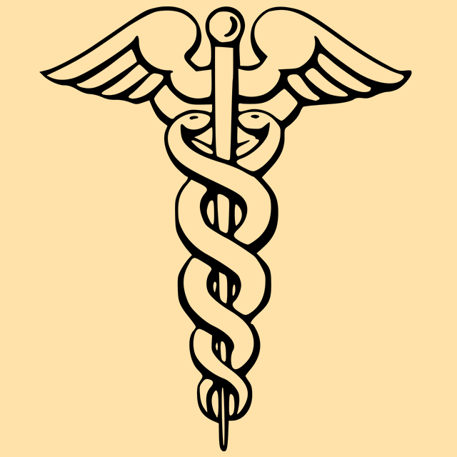 The Caduceus symbol, which features a staff with two serpents entwined around it, topped with a sphere surrounded by wings.