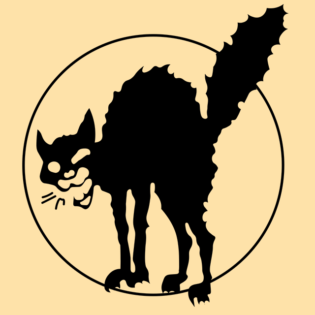 A circled black cat with arched back and bared teeth.