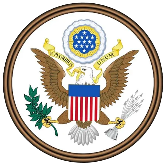 The obverse side of the Great Seal of the United States features a bald eagle with outstretched wings. The eagles head is pointing towards its right showing only half its face. The eagle holds an olive branch in its right talon and a bundle of 13 arrows in its left talon, symbolizing peace and war. On the eagle's chest is a shield with 13 vertical red and white stripes, topped with a blue horizontal band. Above the eagle's head is a scroll with the Latin motto "E Pluribus Unum" (Out of many, one), and a cluster of 13 stars surrounded by a glory of rays and a cloud. The entire design is enclosed in a brown circular border.