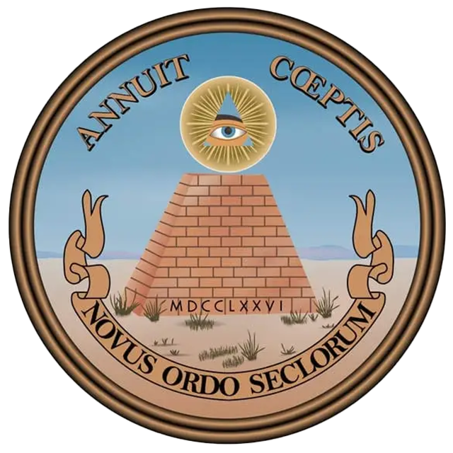 The reverse side of the Great Seal of the United States features an unfinished pyramid with 13 steps, symbolizing the original 13 colonies. At the top of the pyramid is the Eye of Providence, enclosed in a triangle and surrounded by rays of light, representing divine guidance. Below the pyramid is the date "MDCCLXXVI" (1776) in Roman numerals written on a scroll, marking the year of American independence. Above the pyramid is the Latin phrase "Annuit Coeptis," meaning "He (God) has favored our undertakings." Below the pyramid is another Latin phrase, "Novus Ordo Seclorum," meaning "New Order of the Ages." The entire design is enclosed in a brown circular border.