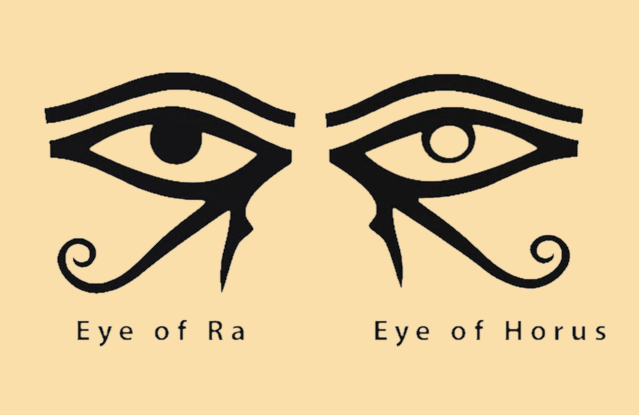 A simple illustration showing two ancient Egyptian symbols: the Eye of Ra to our left and the Eye of Horus to our right. Both symbols resemble stylized human eyes with distinct markings, representing different aspects of protection and power in Egyptian mythology. The Eye of Ra is associated with the sun, while the Eye of Horus is linked to healing and the moon.