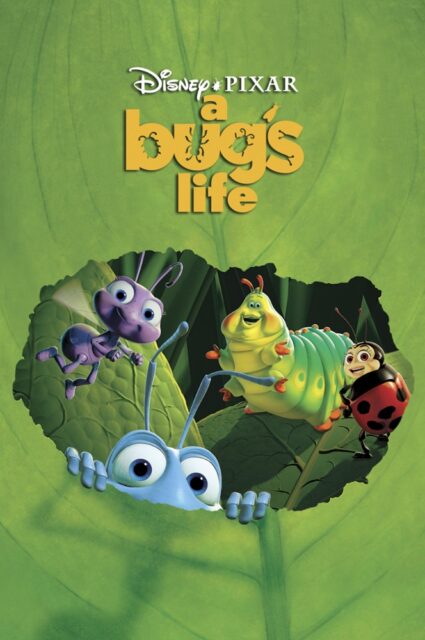 "A Bug's Life" (1998) movie poster featuring the characters Flik, Dot, Heimlich, and Francis from the animated film peeking out from behind a large green leaf, with the movie title displayed prominently. The background includes more leaves, reflecting the natural setting of the story.