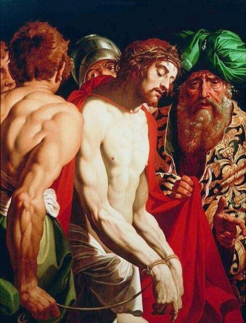 Painting titled "Ecce Homo" by Abraham Janssens, depicting Jesus Christ wearing a crown of thorns and a red robe, bound and being presented to the crowd. The scene captures the moment of Jesus' humiliation before his crucifixion, with vivid expressions and dramatic lighting.