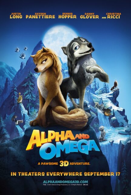 A movie poster for "Alpha and Omega" featuring two main wolf characters, one male and one female, standing on a cliff with a mountain in the background and a full moon rising behind the mountain peak. Several other animal characters, including birds, a bear, and more wolves, are visible on the rocky landscape. The title "Alpha and Omega" is prominently displayed in bright yellow and blue letters, with the tagline "A Pawsome 3D Adventure" below.