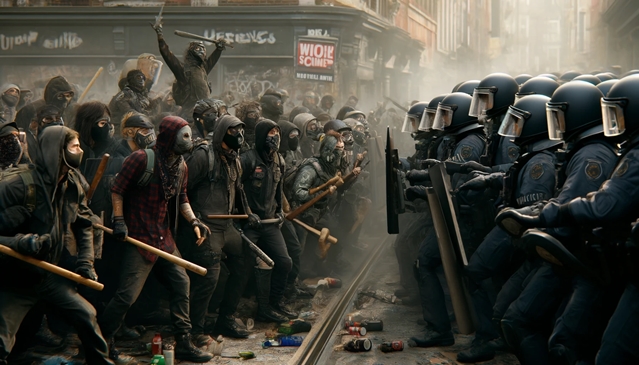 Anarchists clashing with riot police in a street confrontation. The anarchists, wearing masks and dark clothing, wield various tools and sticks, facing off against a line of riot police equipped with shields and helmets. The scene is intense, with smoke and debris scattered on the ground, and graffiti-covered buildings in the background.