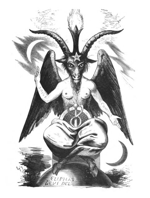 An illustration of Baphomet, a winged, goat-headed fictional figure with a pentagram on its forehead, created by Eliphas Levi. The figure has a torch between its horns, human arms with the words "Solve" (right arm) and "Coagula" (left arm) written on them. Its right arm is pointing up towards a white crescent moon, and its left arm is pointing down towards a black crescent moon. Baphomet has female breasts, a caduceus on its lap, and is seated on a pedestal with its legs crossed.