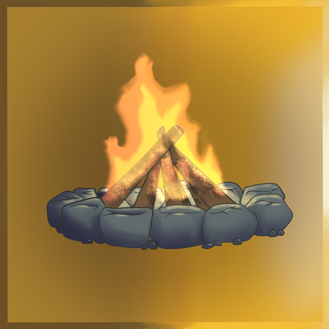 A campfire with logs arranged in a teepee shape, surrounded by stones, with bright flames burning in the center.