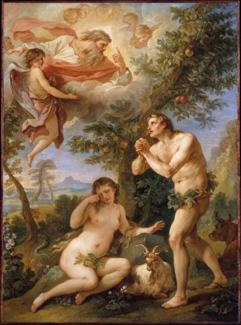 The biblical scene of God rebuking Adam and Eve after they have eaten the forbidden fruit. God is shown in the sky surrounded by angels, while Adam and Eve, covered with leaves, look ashamed and remorseful.