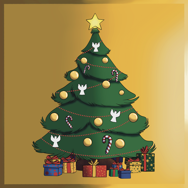 A Christmas tree decorated with a yellow five-pointed star on top, gold Christmas balls, white angel figures, candy canes, and red garlands. The stem of the tree is surrounded by wrapped presents in colorful paper and ribbons.