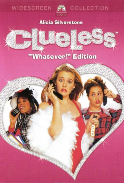 The DVD cover of the movie "Clueless," with the title "Clueless" in sparkling letters above an image of three female characters, each holding a mobile phone, surrounded by a heart-shaped frame. The cover is predominantly pink.