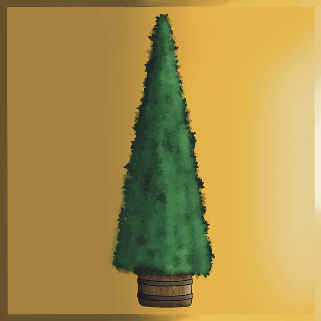 A conical topiary tree planted in a wooden barrel. The tree is green and neatly trimmed into a cone shape.