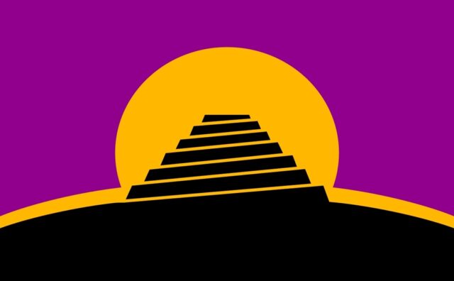 A symbolic flag with a stepped black pyramid on a yellow background, representing the setting sun, against a purple sky.