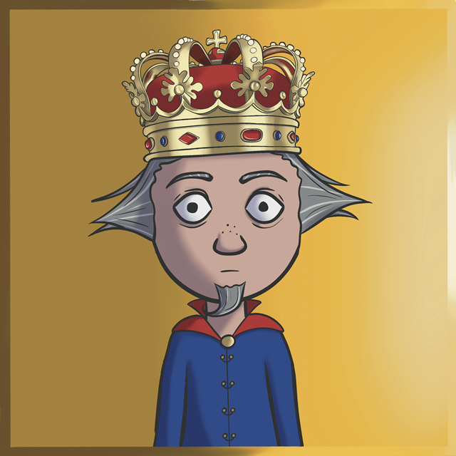 A cartoonish character wearing a detailed, ornate crown with jewels and intricate designs. The character has a somewhat surprised or bewildered expression, with wide eyes and a small goatee. He is dressed in a blue coat with a red collar and a single gold button.