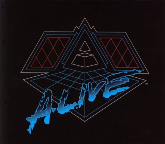 The album cover for "Daft Punk - Alive" features a geometric pyramid in the center with the top section detached from the base. Surrounding the pyramid is a grid-like structure and diamond patterns, with the word "ALIVE" written in bold, neon blue letters across the bottom.