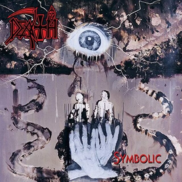 Album cover for "Symbolic" by Death (1995), featuring a large blue eye at the top center of the image. Below the eye are distorted, abstract figures and multiple ghostly hands reaching upwards holding two human silhouettes. The background has dark, fragmented textures and swirling patterns, creating a surreal and eerie atmosphere.