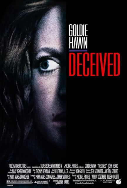 The "Deceived" movie poster features a close-up of a woman's face, specifically the right half, showing her wide, intense right eye in the foreground. The dark shadow obscures the left side of her face, emphasizing an atmosphere of suspense and mystery. The poster design aligns with the thriller genre, suggesting deception and hidden truths.