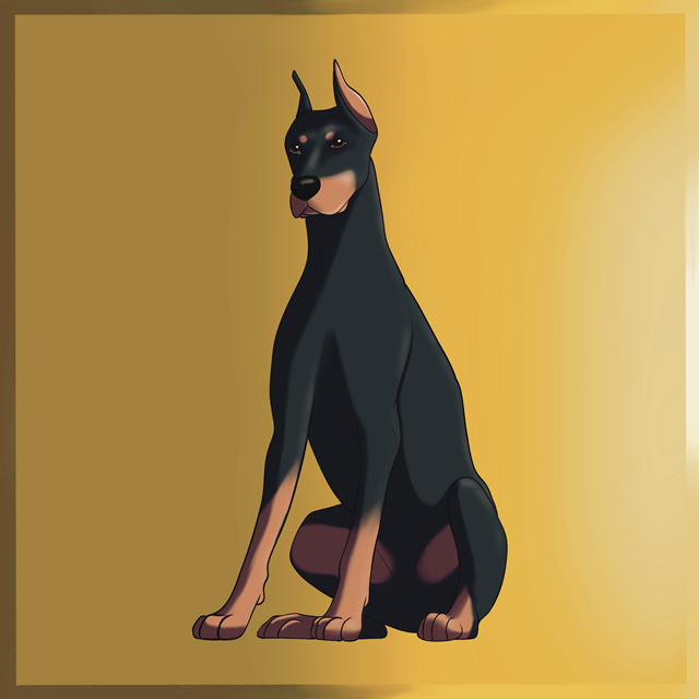 A black and tan Doberman sitting upright, looking alert and watchful.