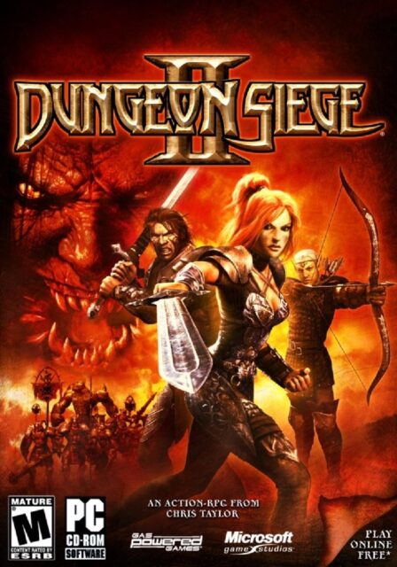 The cover of the video game Dungeon Siege II. The artwork features three heroic characters: a warrior wielding a sword, a female fighter with a sword and shield, and an archer, all poised for battle. In the background, a menacing demonic face looms over a fiery scene, with additional creatures and soldiers below, creating a dramatic and intense atmosphere that reflects the action-packed nature of the game.