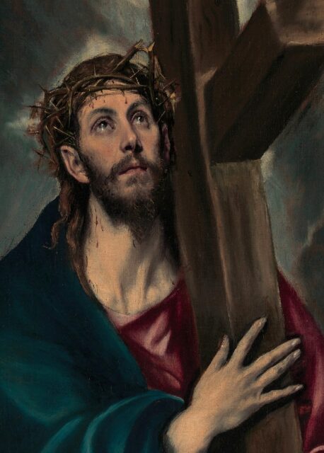 A painting that depicts Jesus Christ carrying the cross on His way to the crucifixion. He is shown wearing a Crown of Thorns on His head, with blood running down His face. Jesus looks upward with a serene and resigned expression. The background is dark, emphasizing the somber and solemn mood of the scene.