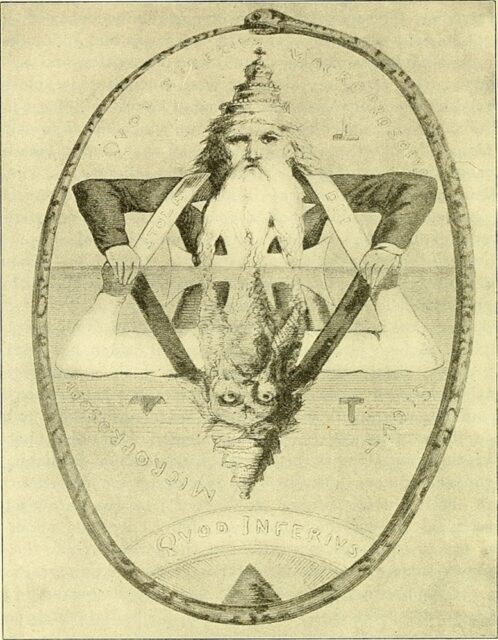 A black and white, symmetrical image featuring a bearded figure horizontally mirrored below his chest. He is wearing a hat, with the beard divided into three parts. The figure points both upwards and downwards, forming a hexagram with its arms and sash. The image is surrounded by a serpent eating its own tail.