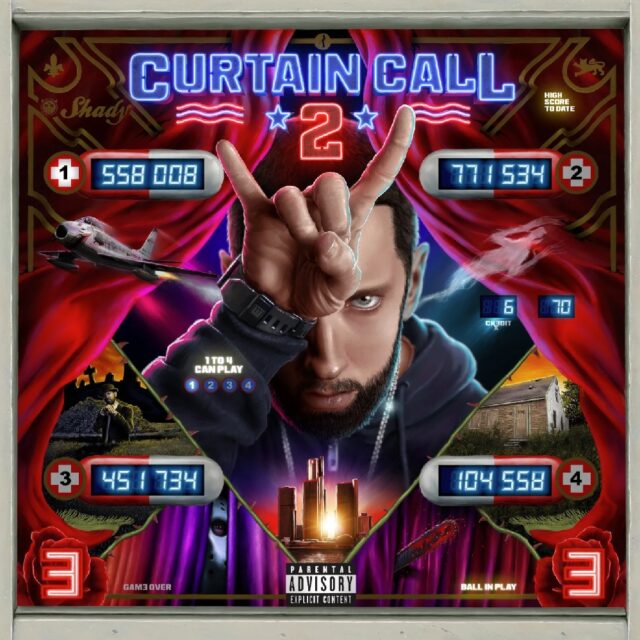 The music album cover for Eminem's "Curtain Call 2." It features a theatrical design with Eminem prominently in the center, making a hand gesture symbolizing devil horns. The artwork is filled with references to his career, including high scores, jets, buildings, and various visual elements that reflect his music and personal themes.