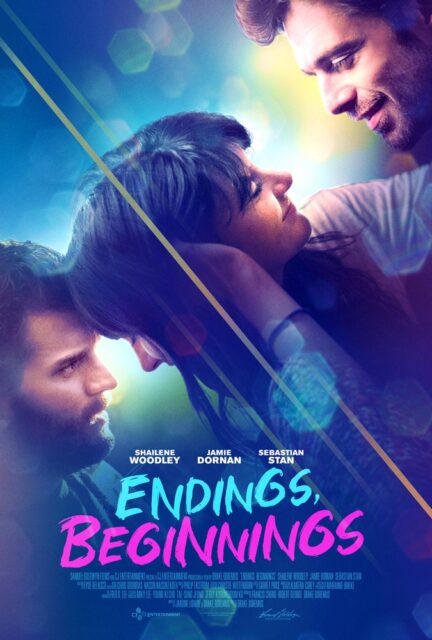 A movie poster for "Endings, Beginnings" featuring Daphne in the center, with Jack on the left and Frank on the right. The image is split diagonally, showing all characters from their sides, making only one eye visible for each. Daphne is shown closely interacting with both men, hinting at romantic tension. The poster uses soft blue and pink tones, with the title written in large, vibrant blue and pink text at the bottom.