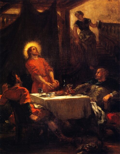 This painting captures a dramatic moment at the supper in Emmaus, with Jesus blessing the bread. Jesus is depicted with a glowing halo, standing before a table with a simple meal. The two disciples are in varying states of realization and reverence. The use of light and shadow enhances the mystical atmosphere of the scene, with deep reds and dark tones dominating the composition.