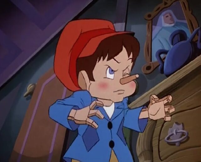 Pinocchio, the wooden puppet, is depicted with his left eye closed and his nose elongated, indicating he has told a lie. Wearing a red hat and blue jacket, he adopts a sneaky posture with a mischievous expression, emphasizing his deceptive behavior.