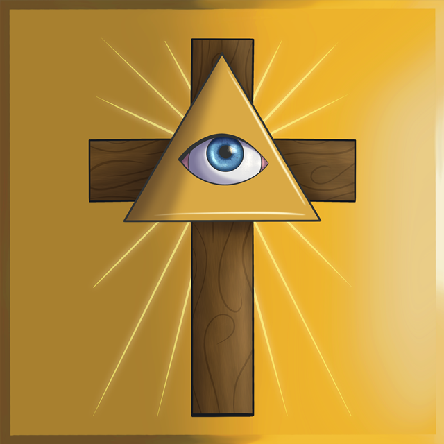 A wooden cross with a glowing gold triangle superimposed on it. Inside the triangle is a blue eye. Light beams radiate from the triangle, enhancing the luminous effect around the wooden cross.