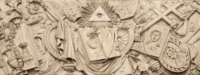 A detailed religious relief located in Rome's Piazza del Popolo, featuring the Eye of Providence within a triangle at the center, emitting rays of light. Surrounding the eye are various religious symbols, such as a sacred heart, papal regalia, a cross, ornate shields, and many more, all intricately carved in stone.