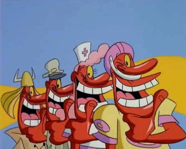 The character Red Guy from the Cow and Chicken TV series in four different costumes, each with exaggerated grins, one eye winking, and giving a thumbs-up. The costumes include a Viking helmet, an American football player, a police officer, and a nurse's uniform.. The characters are lined up in a playful, cartoonish manner against a simple background.