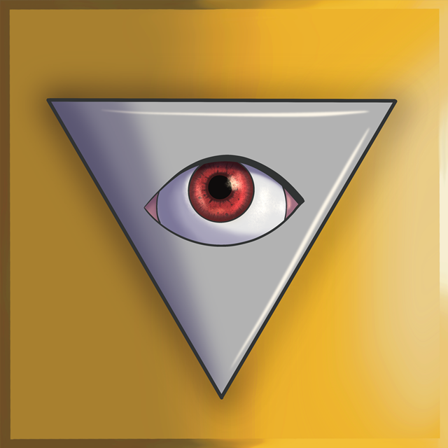 A left eye with a red iris centered within an inverted silver triangle.