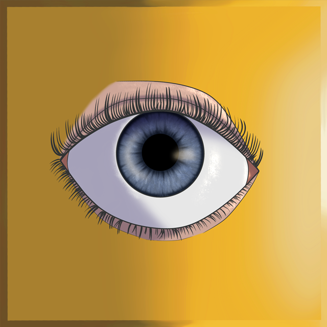 A human eye with a neutral expression and a blue iris.