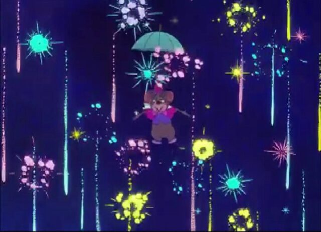 A colorful animated scene from the 1951 movie "Alice in Wonderland," featuring a mouse character holding an umbrella and floating amidst vibrant fireworks and star-like bursts against a dark sky. The display creates a magical and whimsical atmosphere.