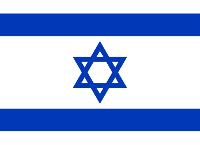 The flag of Israel features a blue Star of David centered between two horizontal blue stripes on a white background.