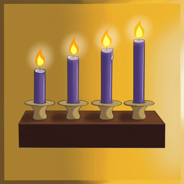 A four-armed Advent candle holder with four lit purple candles.