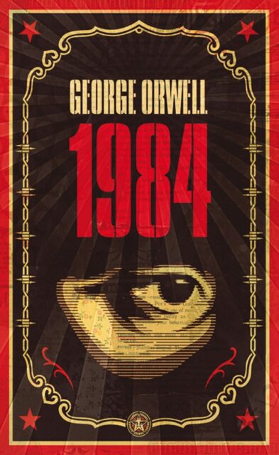 A stylized book cover for George Orwell's "1984" featuring a large, ominous eye in the center, symbolizing surveillance and control, with the title "1984" in bold red letters above it. The design is framed with intricate patterns and stars, reflecting the dystopian theme of the novel.