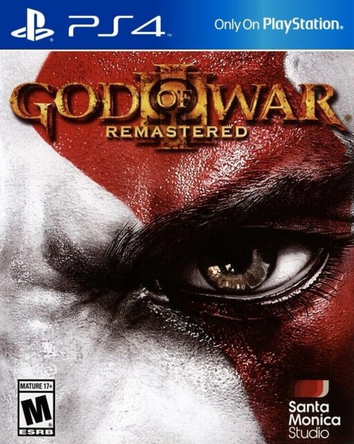 Game cover for "God of War III Remastered," featuring a close-up of Kratos' left eye. His iconic red war paint covers part of his face, with a stark contrast between the red and white colors. The game's title is displayed prominently in the center, and the Santa Monica Studio logo is positioned at the bottom right.