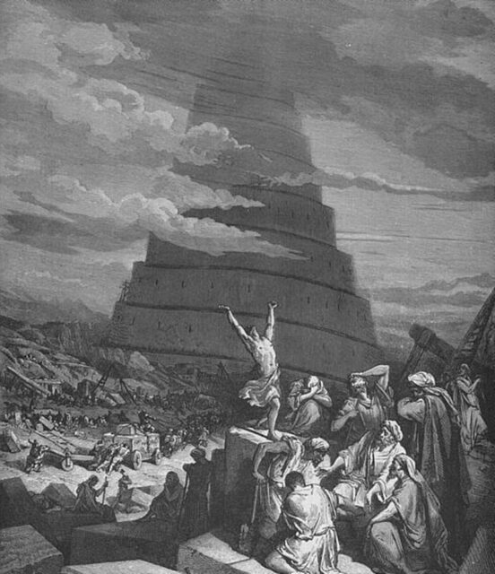 An intricate black-and-white illustration by Gustave Doré, depicting a chaotic scene of people gesturing toward the towering structure of the unfinished Tower of Babel.