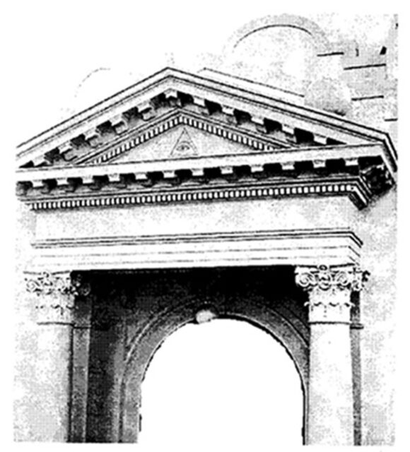 A black and white drawing of the facade of the Healing Temple (1920), featuring the All-Seeing Eye within a triangular pediment above an arched entrance. The structure is supported by two ornate columns, with the eye facing east.