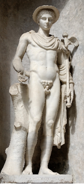 A marble statue of Hermes Ingenui, the ancient Greek god of commerce, eloquence, and communication, also known as Mercury in Roman mythology. He is shown wearing a petasos (a wide-brimmed hat) and holding the Caduceus, a staff entwined with two serpents and topped with wings. The statue captures Hermes in a classical contrapposto pose, exuding both grace and dynamism.