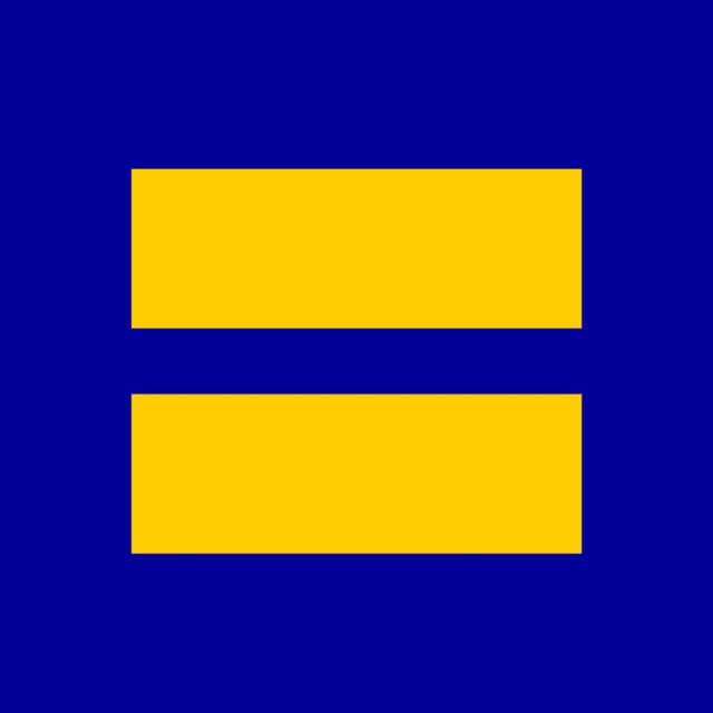 A blue square with two horizontal yellow bars in the center, representing the equality symbol.