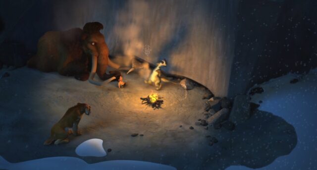 Manny the mammoth, the human baby, and Diego the saber-toothed tiger watch as Sid the sloth, whose tail is on fire, runs in circles around a small campfire in a desperate attempt to extinguish the flames.