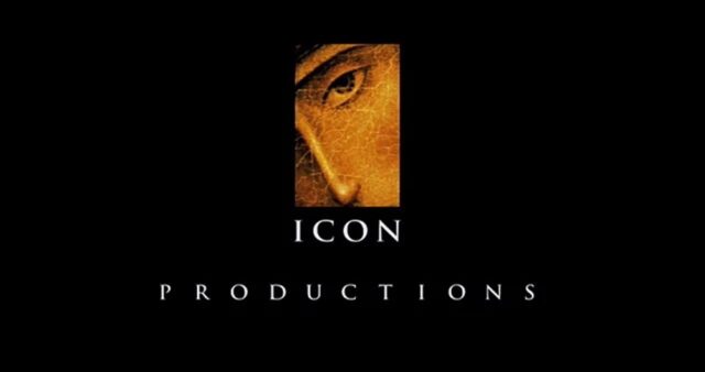 The Icon Productions logo features a cropped portion of the Virgin of Vladimir artwork, focusing on the left eye, eyebrow, and part of the nose of the Virgin Mary, set against a dark background with the company's name in elegant typography below.