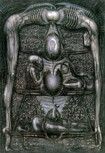 Biomechanical artwork by H.R. Giger depicting an alien life cycle. At the center is an egg-like structure with a snake-like organism inside, flanked by humanoid alien figures. Below, a chestburster-like creature emerges from an egg, referencing the stages of the Xenomorph life cycle. The art blends intricate mechanical and organic elements.