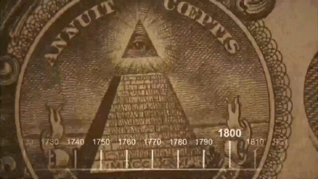 A still from "The Big Bang Theory" opening credits, showing the Illuminati pyramid with the Eye of Providence on top, taken from the U.S. one-dollar bill. A timeline is displayed at the bottom, highlighting the 1700s and early 1800s.