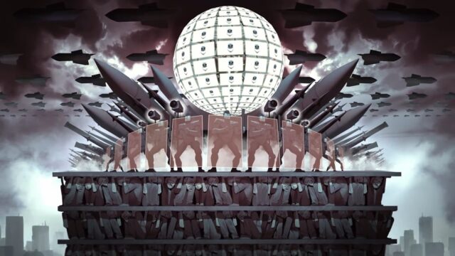 The image is an illustration depicting a dystopian hierarchy. At the top, a large globe composed of screens displaying a smiling mask. Surrounding the globe are numerous missiles pointed outward, ready for launch. Below the globe, there are rows of large, imposing soldiers holding riot shields, standing guard. Beneath them, a multitude of smaller, oppressed figures are crammed together in tight spaces, symbolizing the masses supporting the structure above. The background is filled with dark clouds and numerous bombers flying in formation. The scene is set against a dark, smoky sky with faint cityscape silhouettes visible at the bottom.