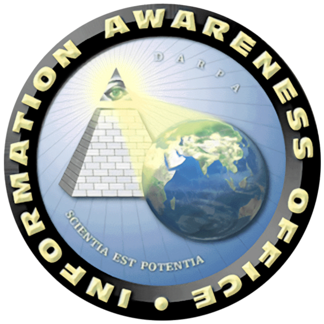 The logo of the Information Awareness Office (IAO), a former organization under DARPA in the USA. The logo features a pyramid with an illuminated All-Seeing Eye at the top, symbolizing surveillance. The pyramid casts a beam of light over the Earth, signifying global monitoring. The Latin phrase "Scientia Est Potentia" (Knowledge is Power) is written below the pyramid. The text "Information Awareness Office" encircles the logo.