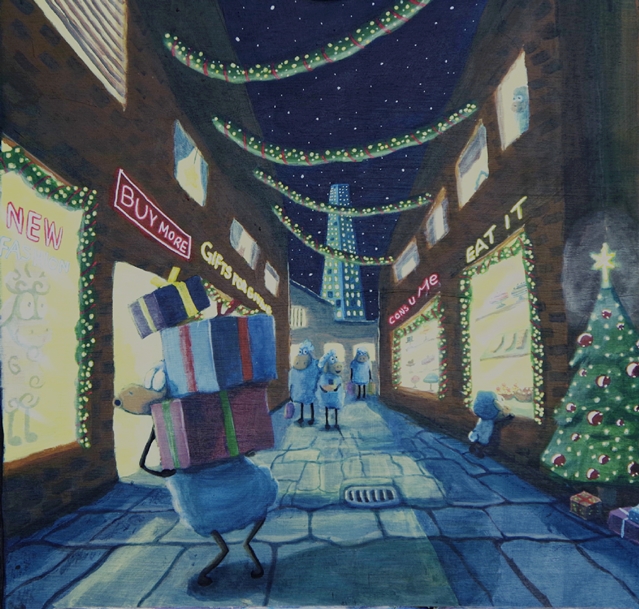 A whimsical illustration of sheep shopping in a festive, brightly lit alley at night. One sheep is carrying stacks of presents and is surrounded by shop windows with signs like "BUY MORE," "GIFTS," "CONSUME," and "EAT IT." The scene is adorned with Christmas lights and decorations, including a decorated Christmas tree on the right.