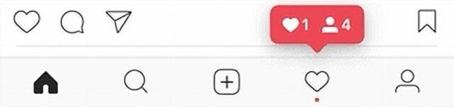 A screenshot of the Instagram interface showing a notification icon highlighted with a red dot underneath the heart symbol, indicating new activity such as likes or followers. The heart symbol is accompanied by a notification bubble displaying the number of new interactions.